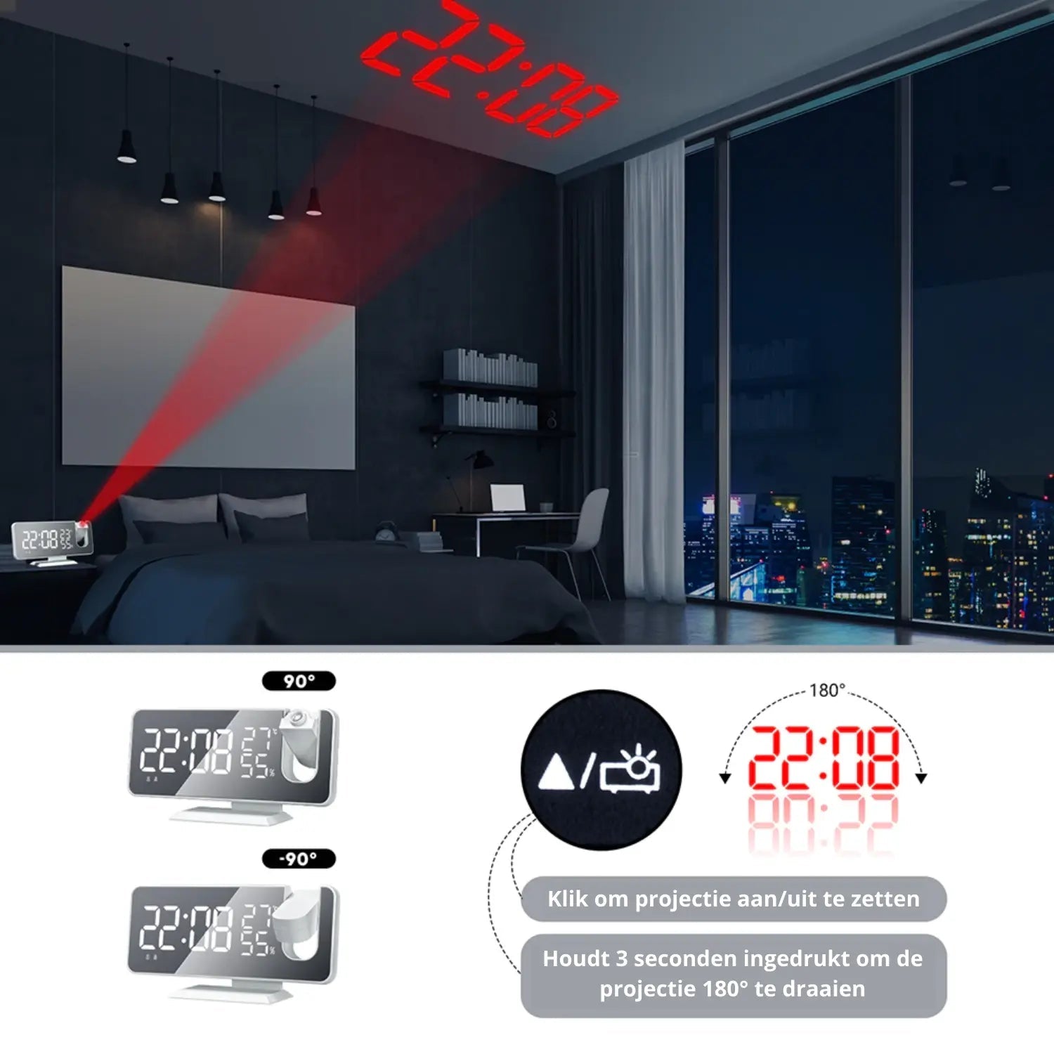 Horloge à projection avec radio FM, double alarme et port de charge USB