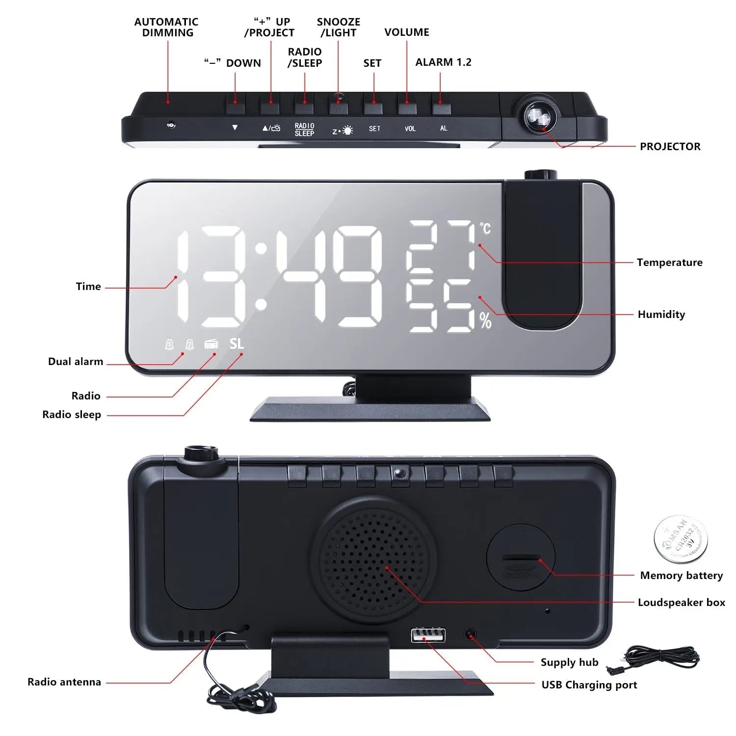 Horloge à projection avec radio FM, double alarme et port de charge USB