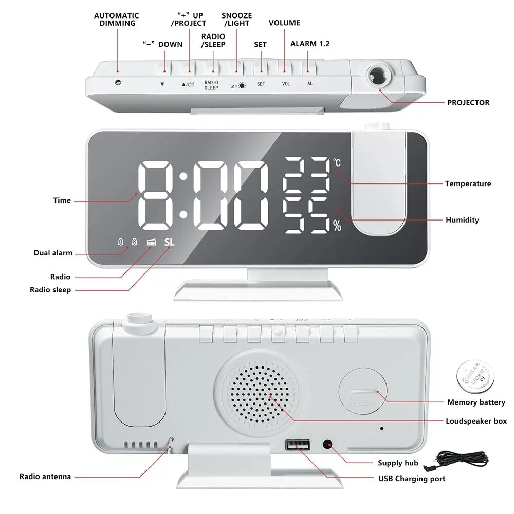 Horloge à projection avec radio FM, double alarme et port de charge USB