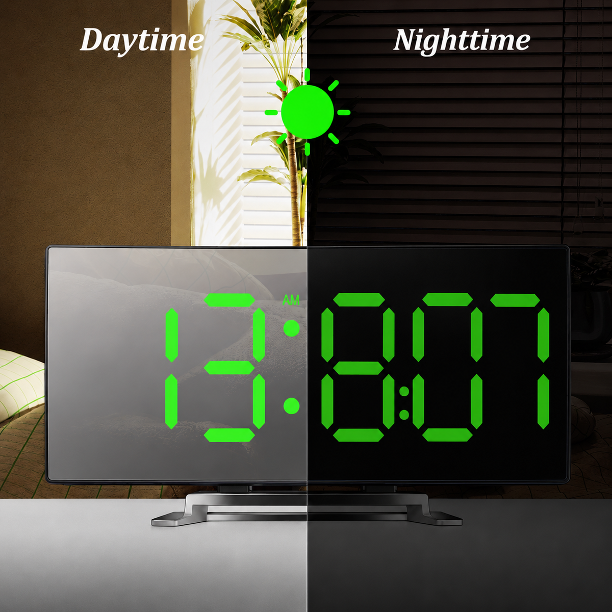 Réveil numérique LED avec surface miroir et gradation automatique