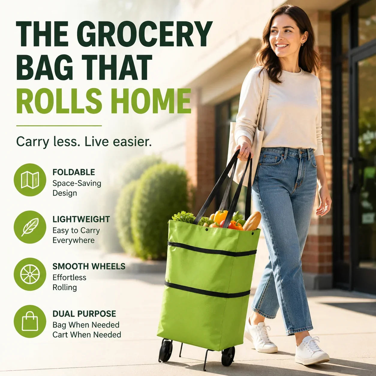 Sac à courses pliable avec roulettes – Sac portatif et chariot 2-en-1