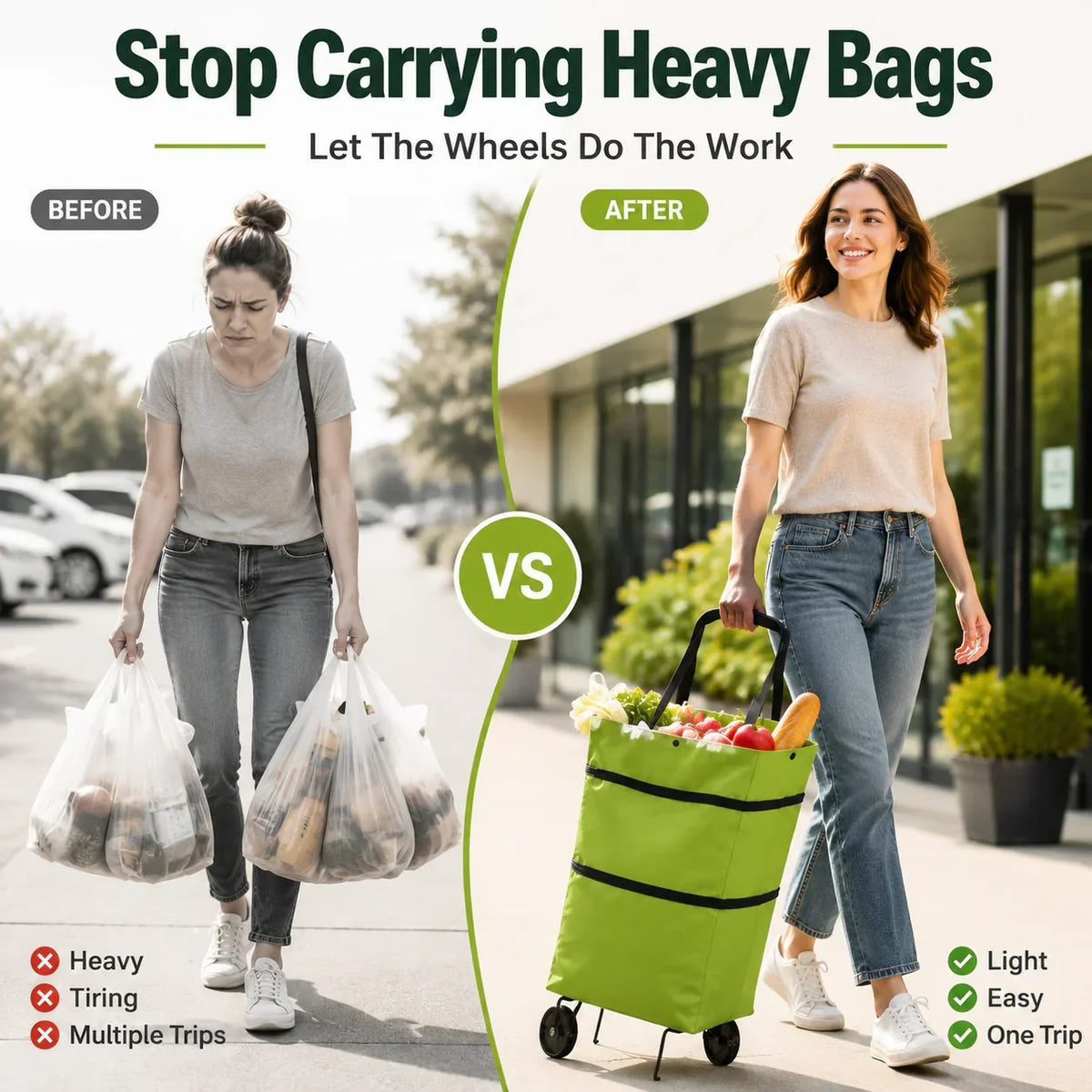 Sac à courses pliable avec roulettes – Sac portatif et chariot 2-en-1