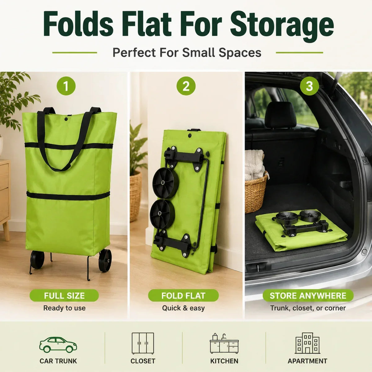 Sac à courses pliable avec roulettes – Sac portatif et chariot 2-en-1