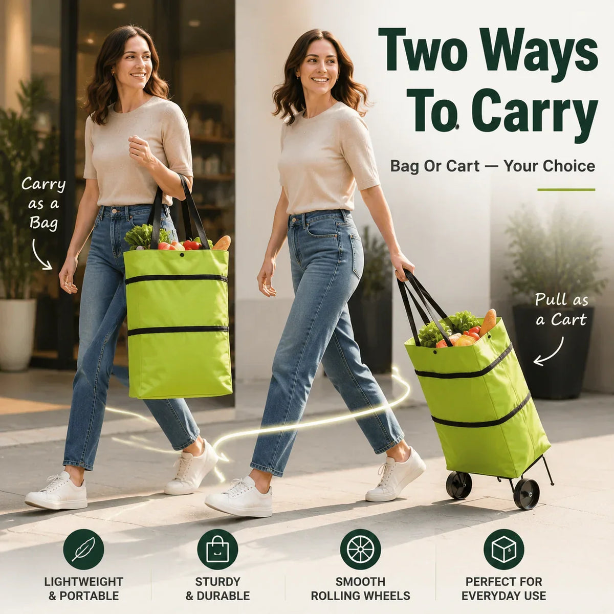 Sac à courses pliable avec roulettes – Sac portatif et chariot 2-en-1