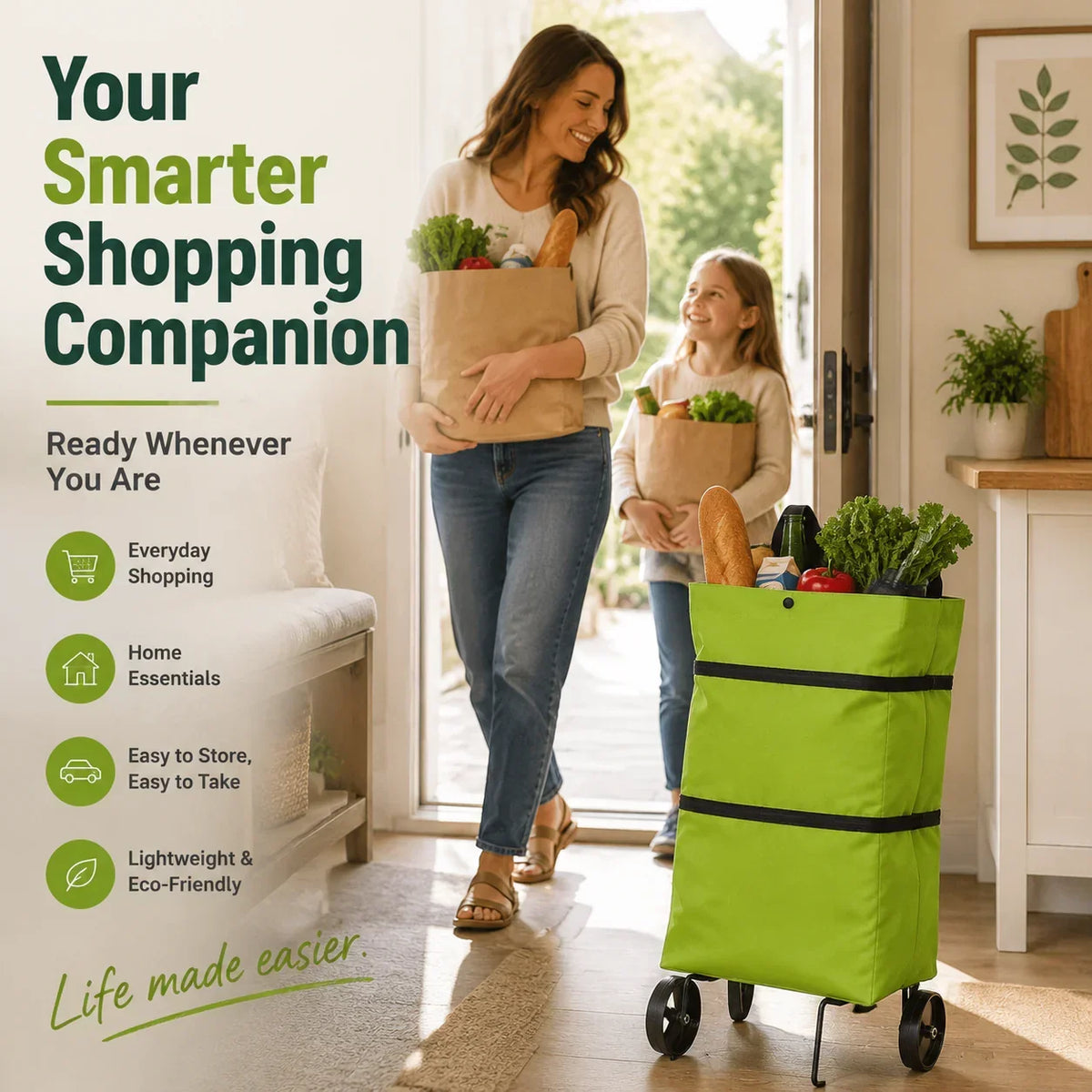 Sac à courses pliable avec roulettes – Sac portatif et chariot 2-en-1