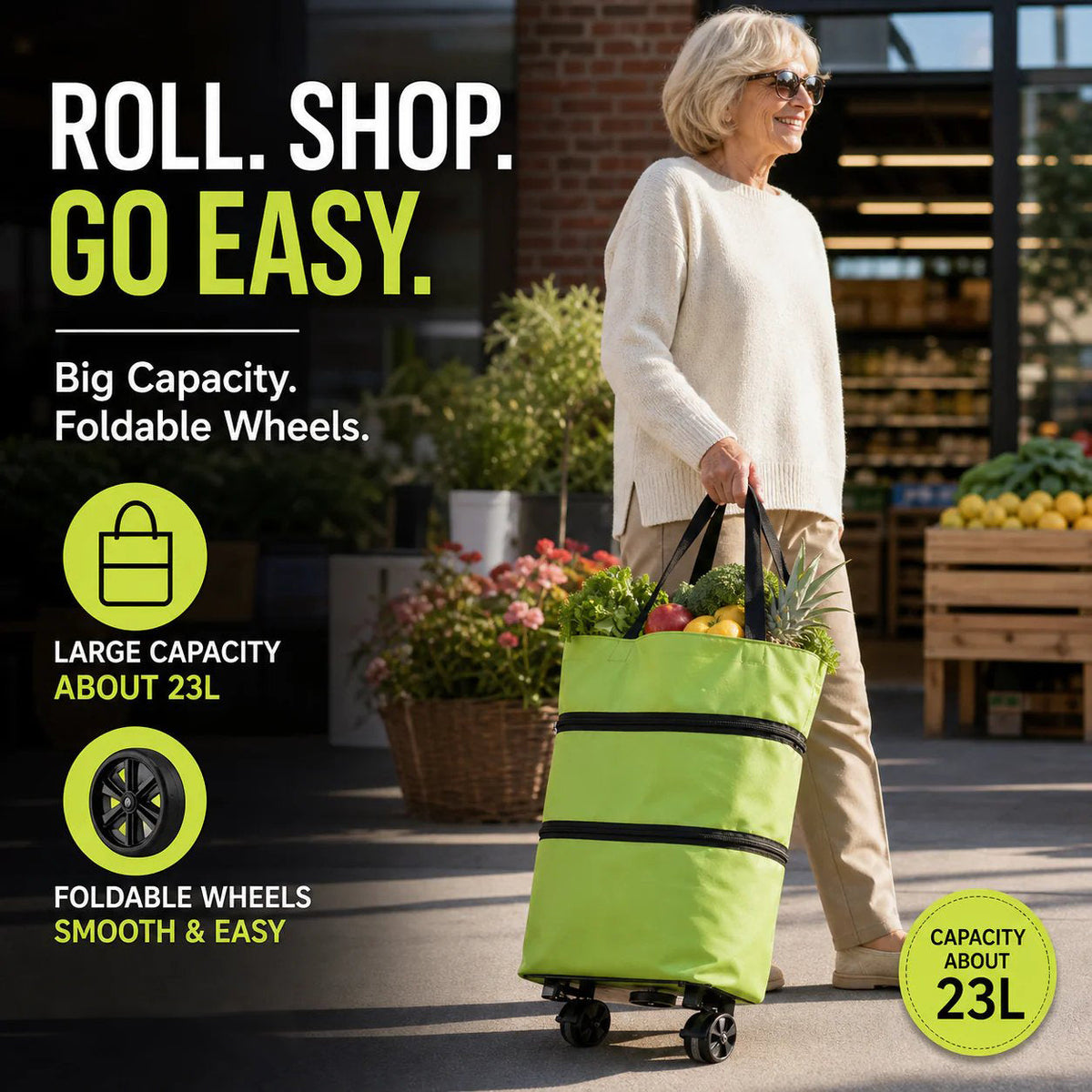 Sac à courses pliable avec roulettes – Sac portatif et chariot 2-en-1