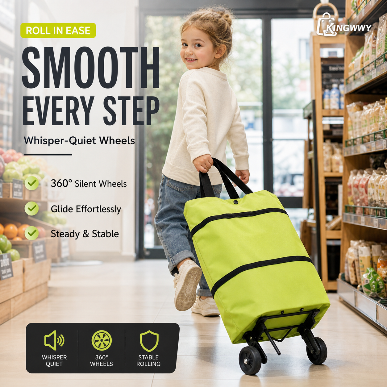 Sac à courses pliable avec roulettes – Sac portatif et chariot 2-en-1