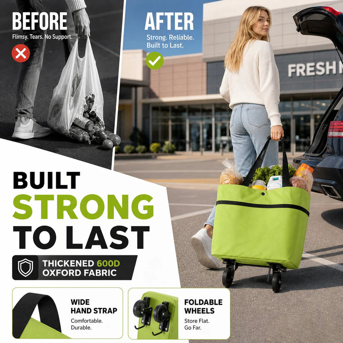 Sac à courses pliable avec roulettes – Sac portatif et chariot 2-en-1