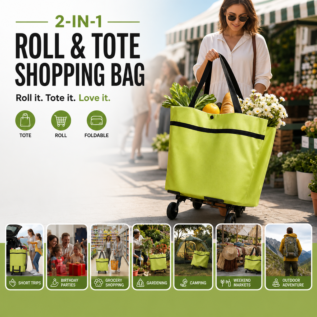 Sac à courses pliable avec roulettes – Sac portatif et chariot 2-en-1