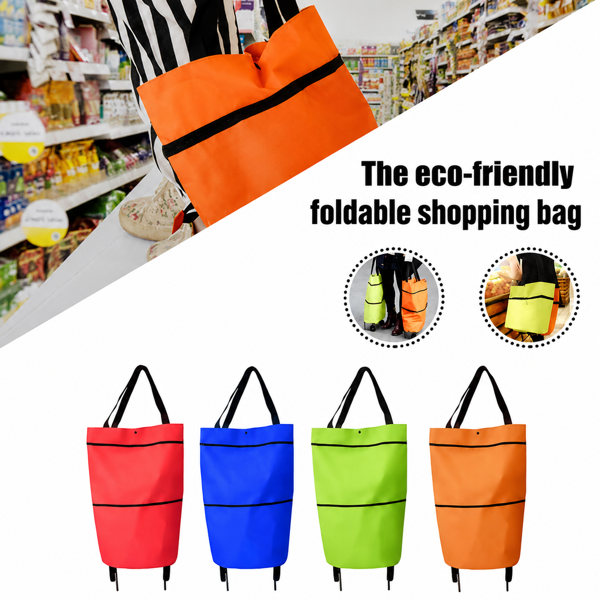 Sac à courses pliable avec roulettes – Sac portatif et chariot 2-en-1