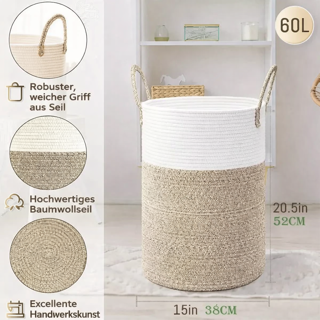 Panier à linge pliable en corde de coton – Corbeille de rangement 60 litres