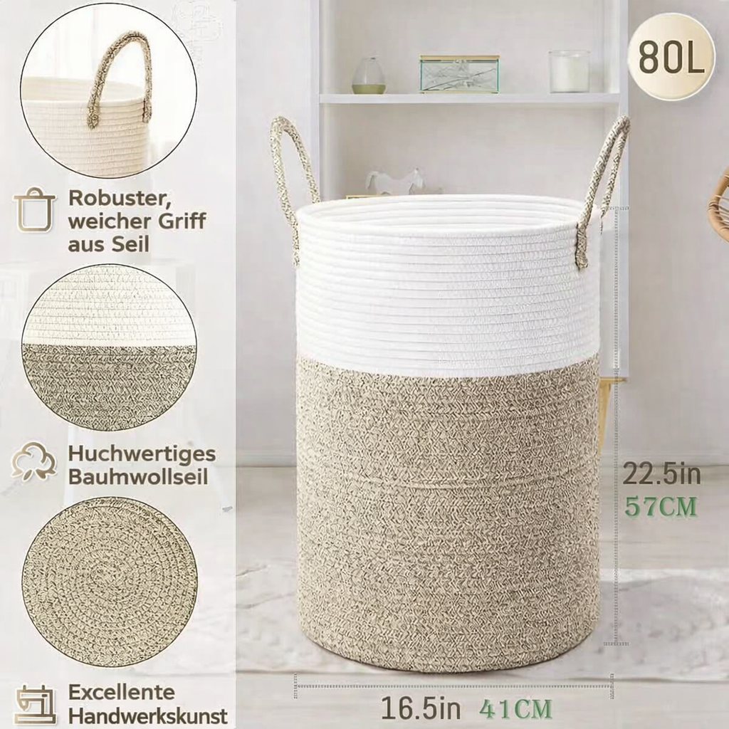 Panier à linge pliable en corde de coton – Corbeille de rangement 60 litres