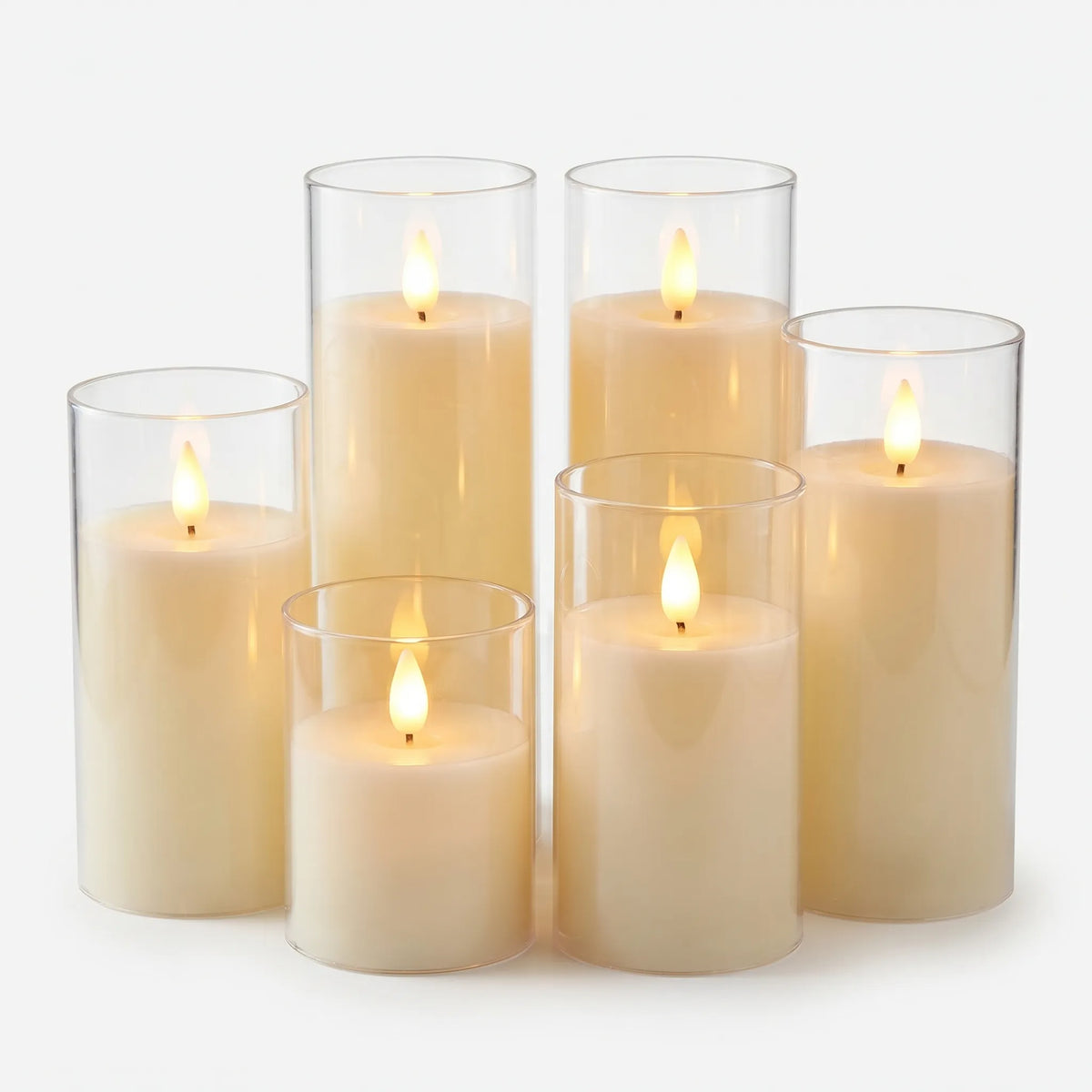 Bougies LED sans flamme en cylindre de verre – Lot de 6 hauteurs variées
