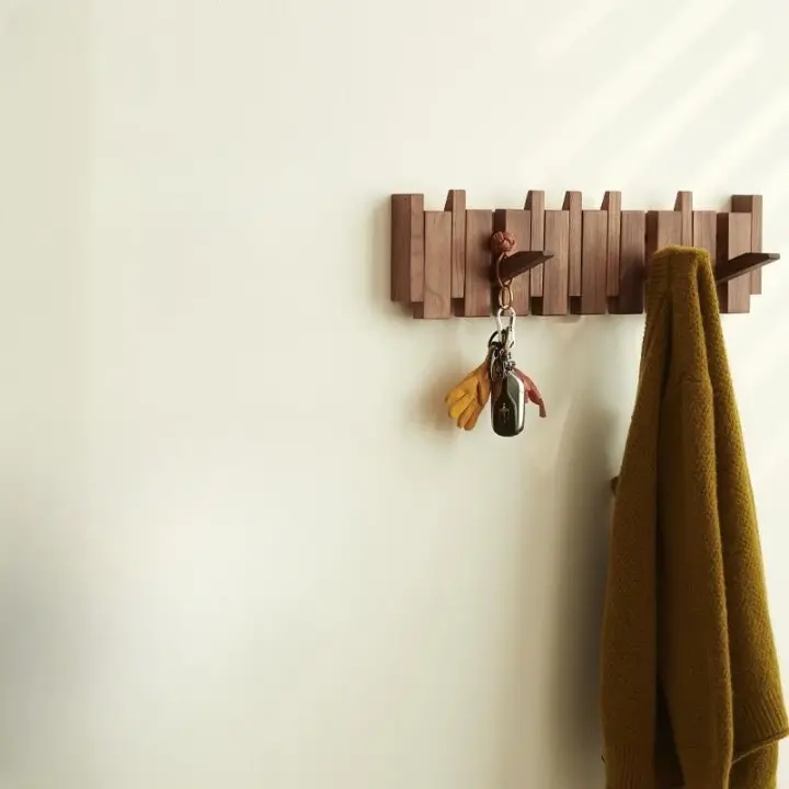 Porte-Manteau Mural en Bois avec 8 Crochets Rabattables pour Entrée