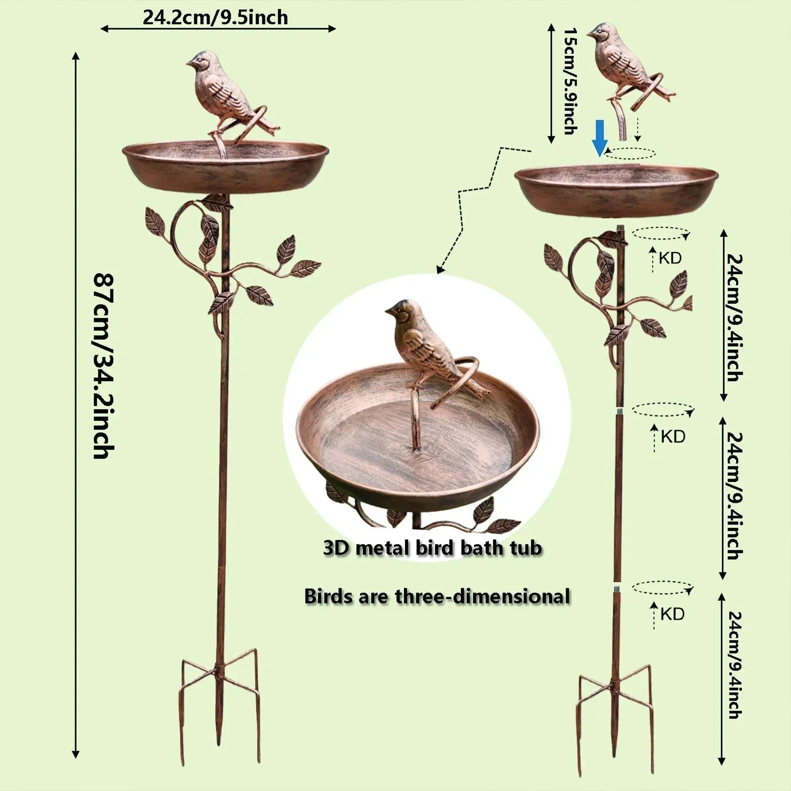 Bain d'oiseaux avec pique de sol – coupe décorative de jardin pour oiseaux sauvages