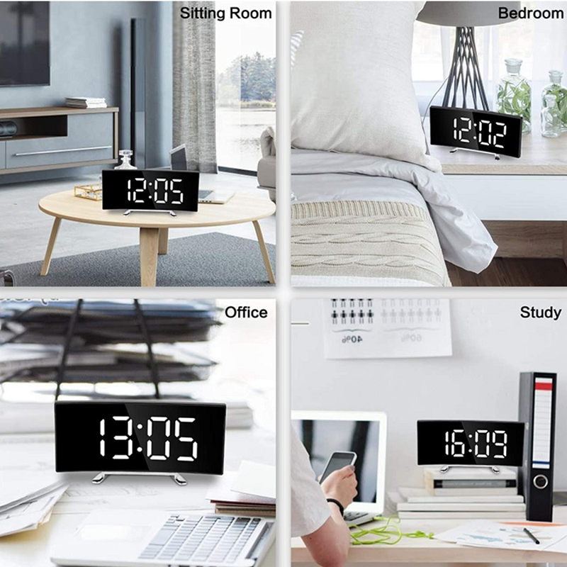 Réveil numérique LED avec affichage miroir incurvé et alarme crescendo
