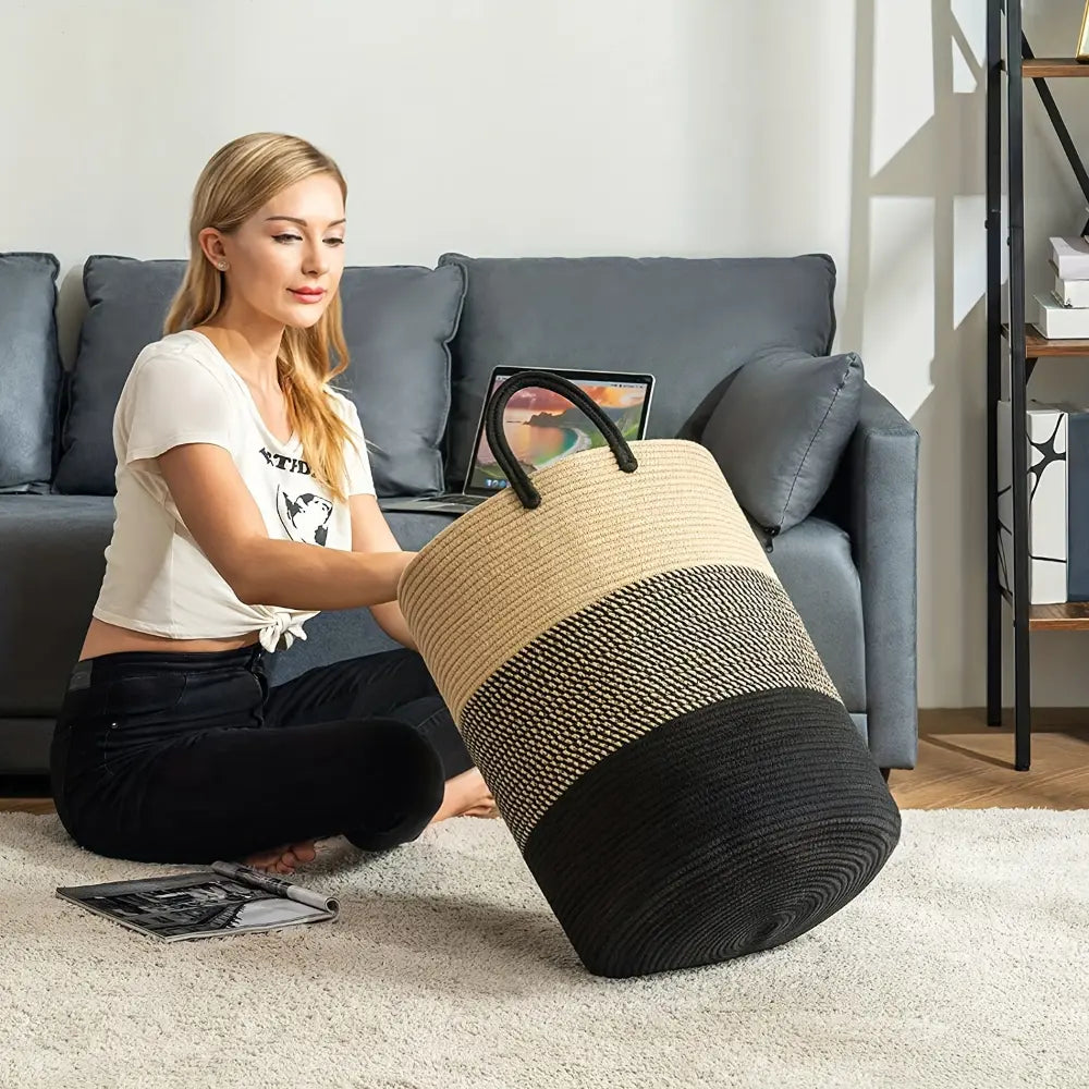 Panier à linge tressé en coton 58 litres – pliable et gain de place