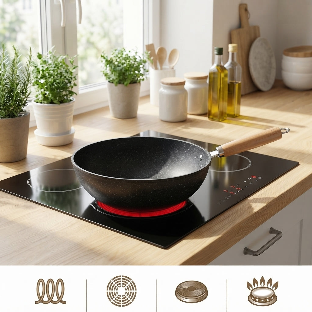 Wok en céramique avec couvercle en verre et manche en bois pour tous types de cuisinières