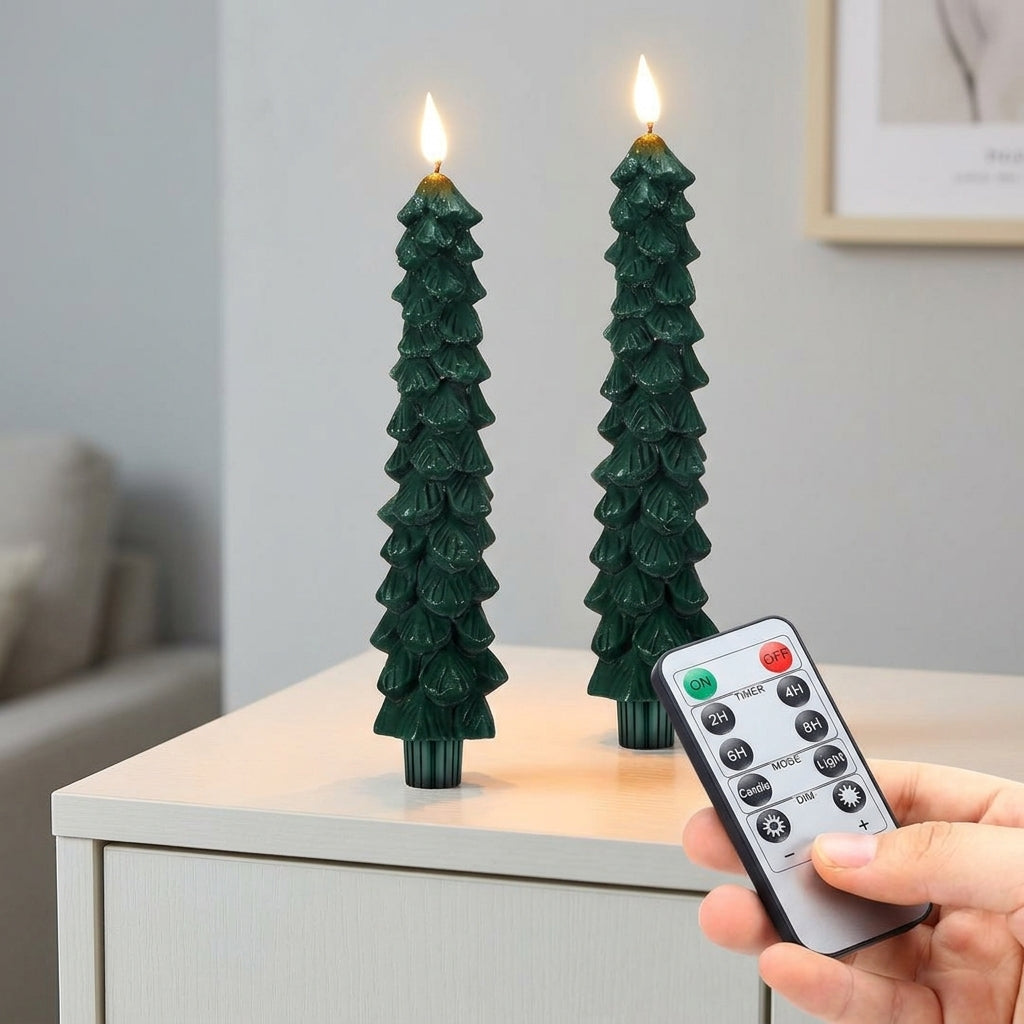 Bougie en forme de sapin avec effet flamme et télécommande