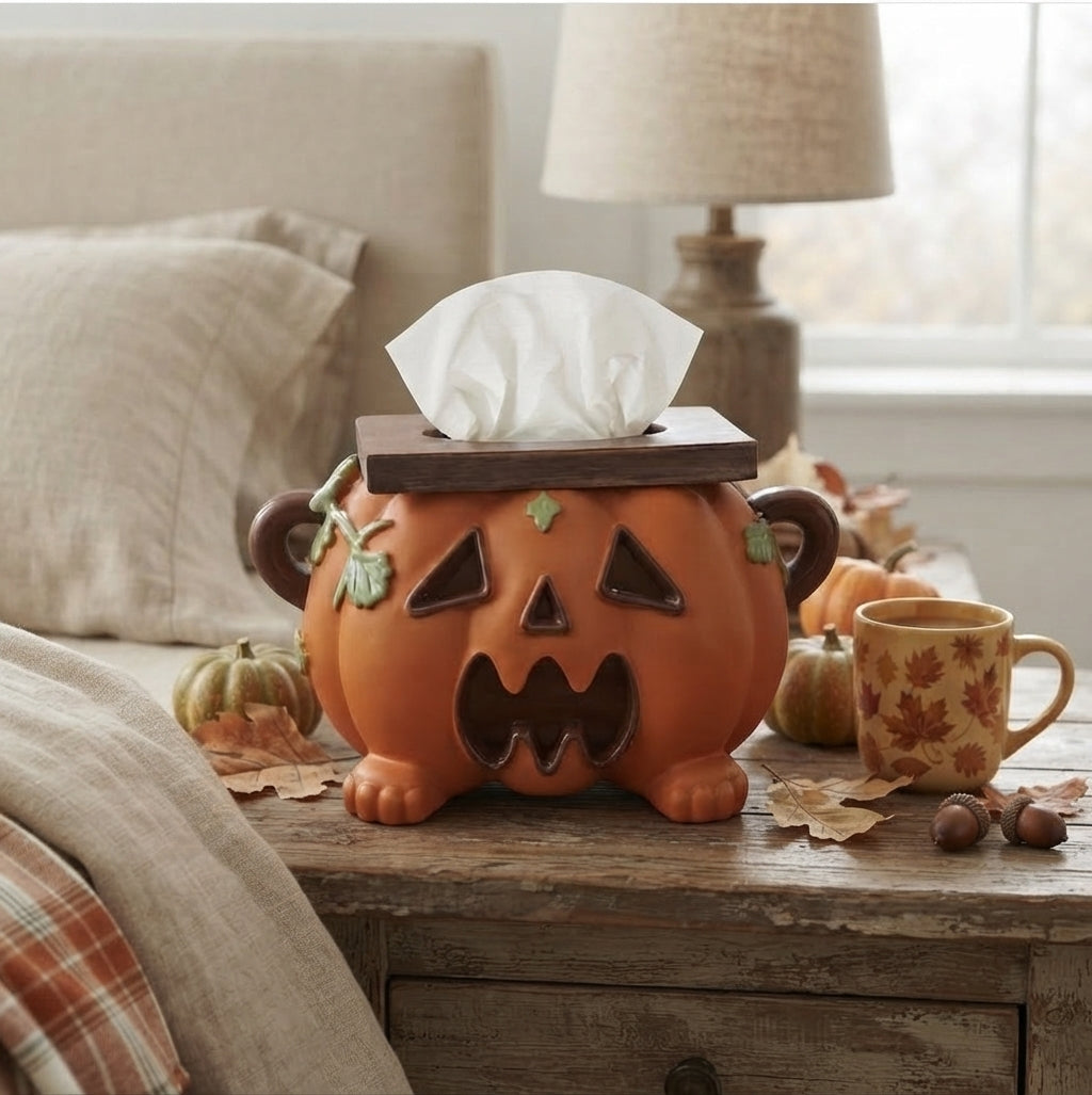 Boîte à mouchoirs citrouille en résine – Décoration de table Halloween fonctionnelle