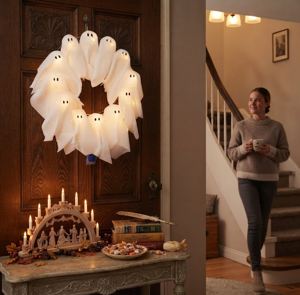 Couronne Halloween avec éclairage LED – 12 fantômes lumineux, 31 cm