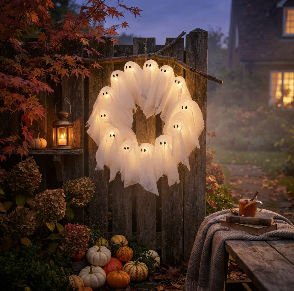 Couronne Halloween avec éclairage LED – 12 fantômes lumineux, 31 cm