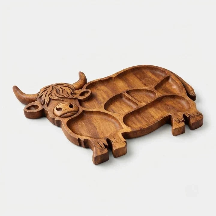 Planche de service Vache Highland en bois massif avec compartiments