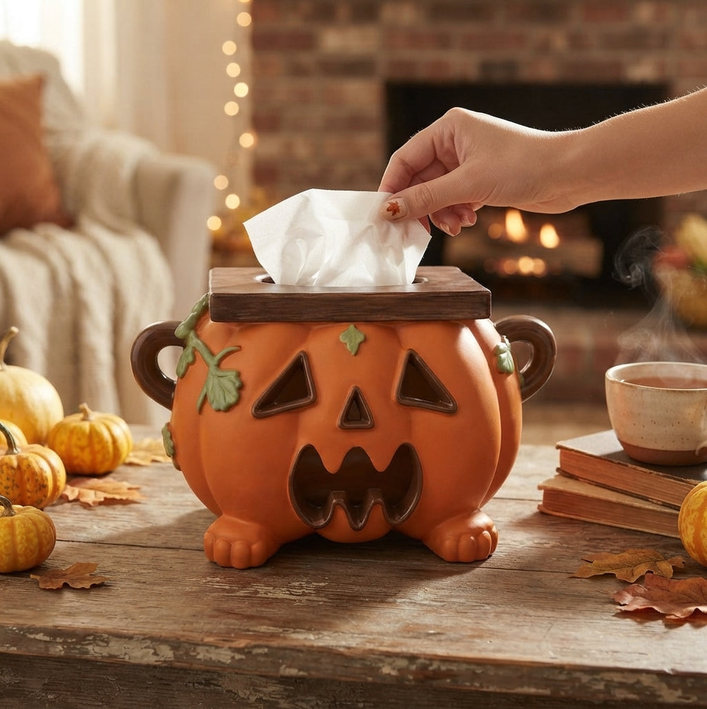 Boîte à mouchoirs citrouille en résine – Décoration de table Halloween fonctionnelle