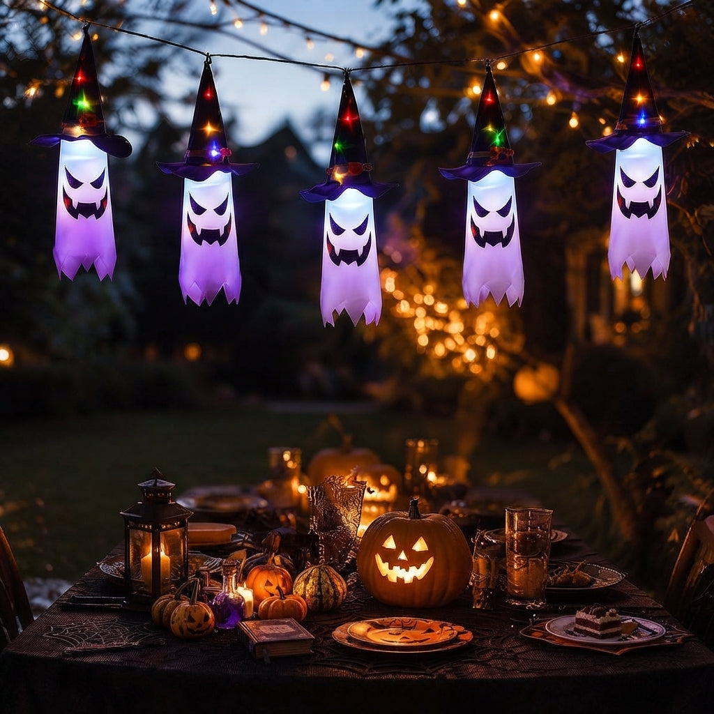 Guirlande lumineuse Halloween avec lanternes fantômes – 5 LED fantômes blanc chaud