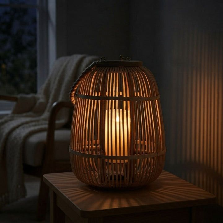 Lanterne en rotin avec bougie LED sans flamme – tressée à la main