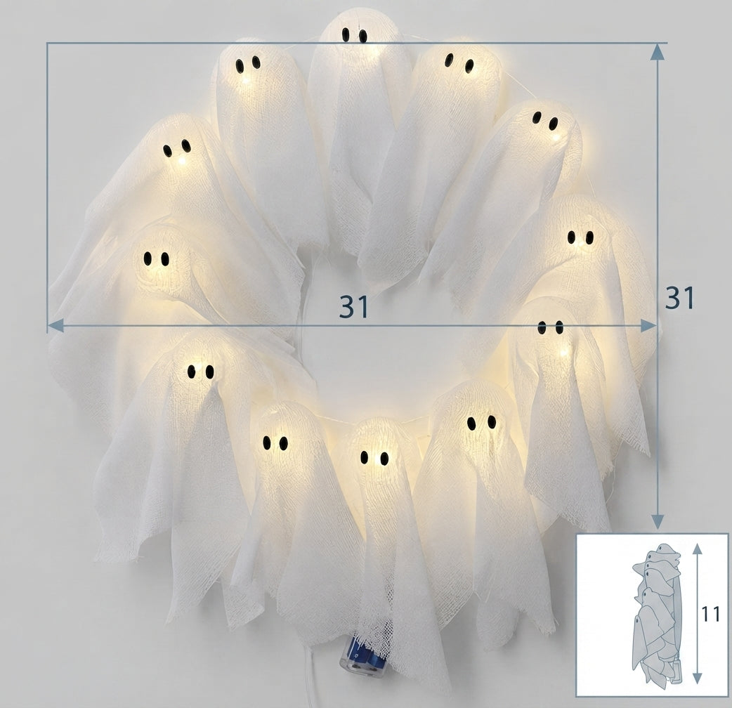Couronne Halloween avec éclairage LED – 12 fantômes lumineux, 31 cm
