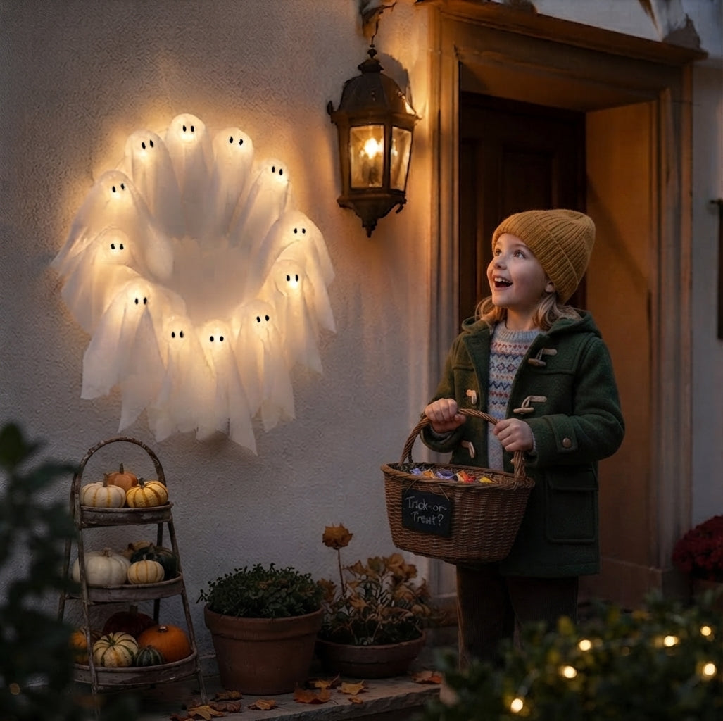 Couronne Halloween avec éclairage LED – 12 fantômes lumineux, 31 cm