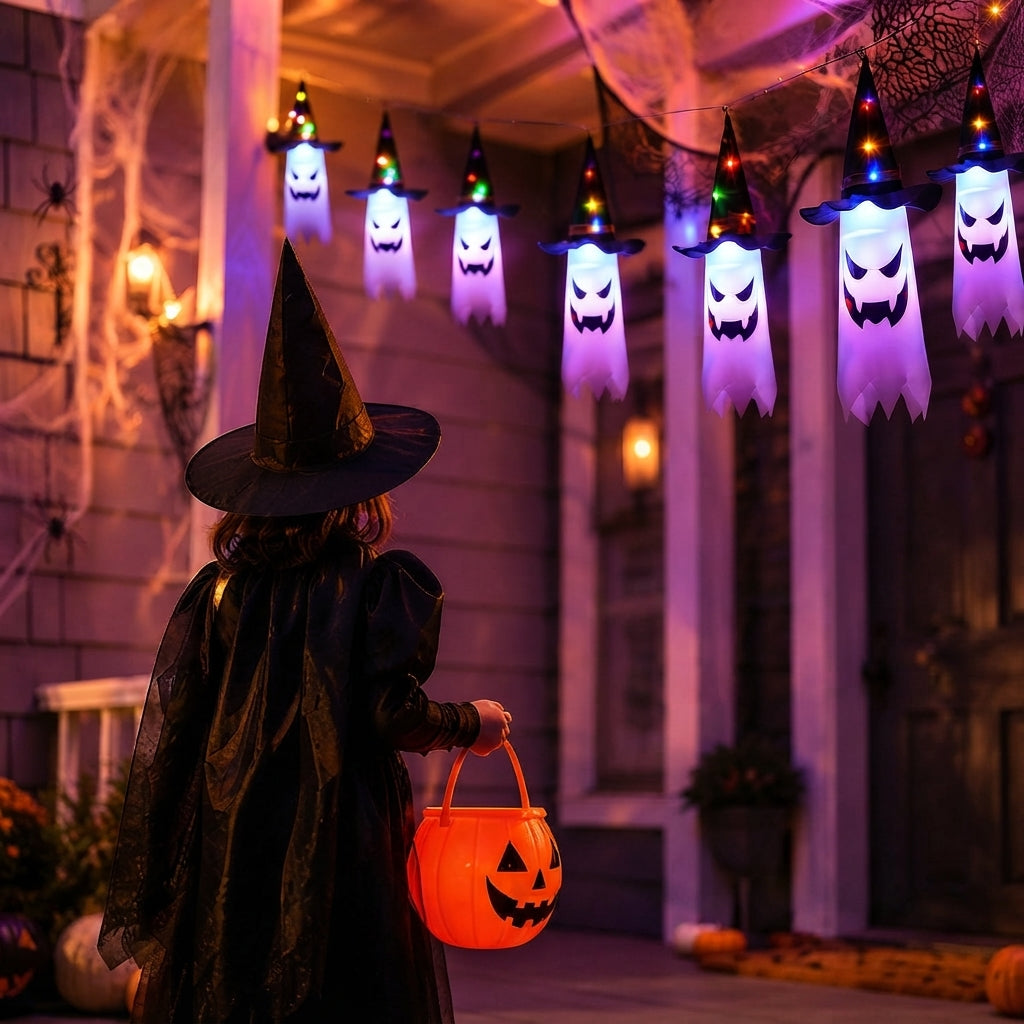 Guirlande lumineuse Halloween avec lanternes fantômes – 5 LED fantômes blanc chaud