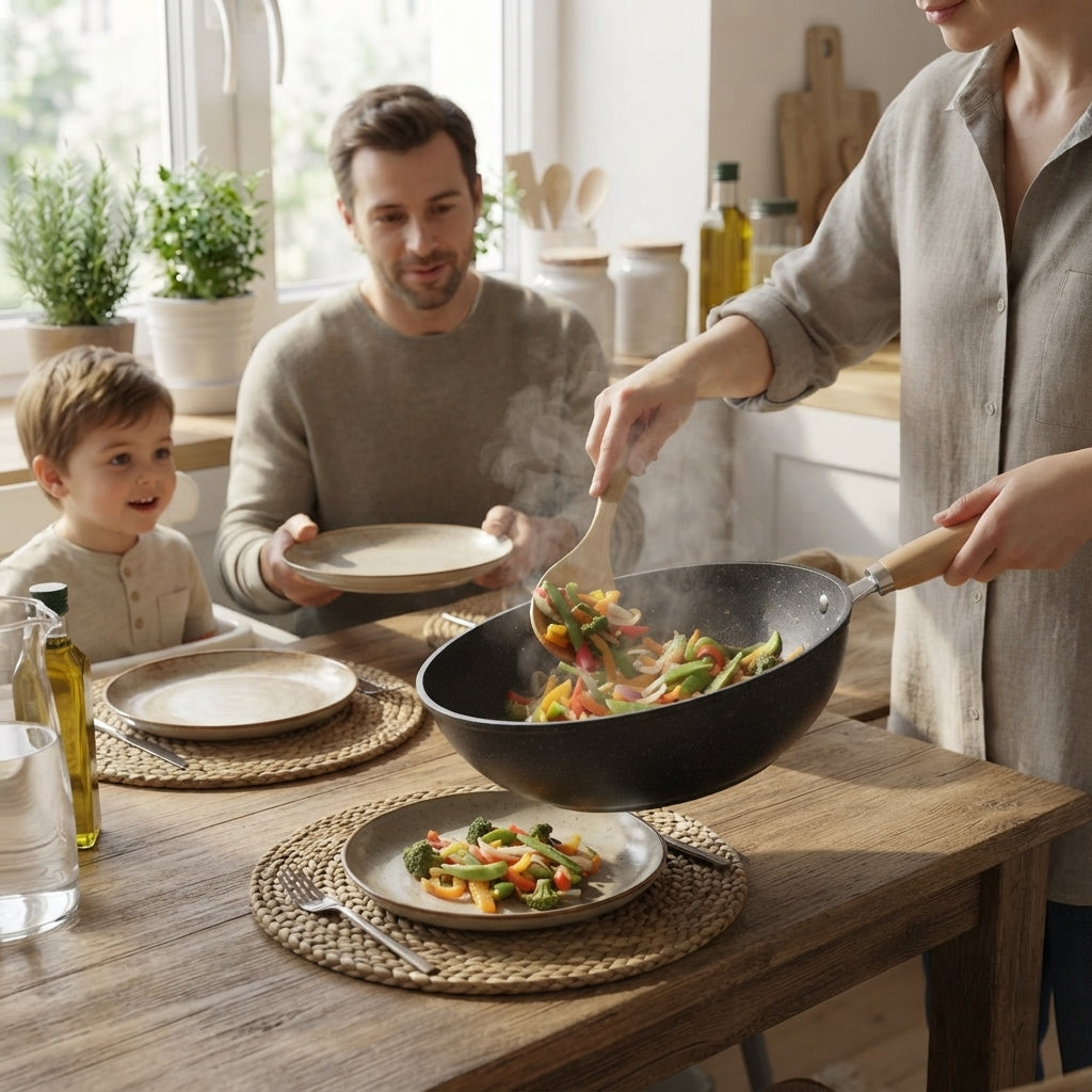 Wok en céramique avec couvercle en verre et manche en bois pour tous types de cuisinières