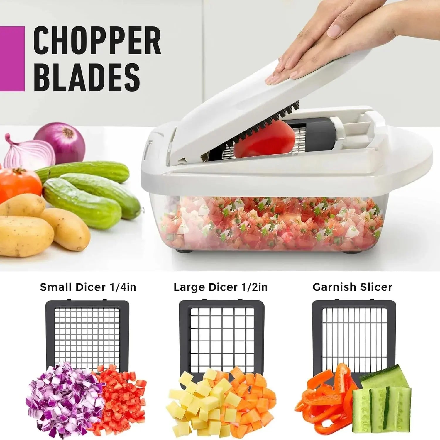 Coupe-légumes avec bac de récupération – Découpe en dés, mandoline, julienne et râpe