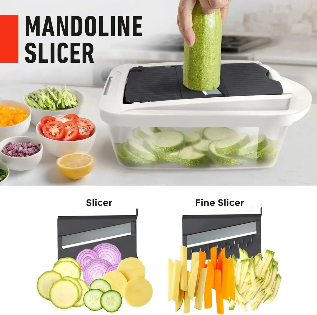 Coupe-légumes avec bac de récupération – Découpe en dés, mandoline, julienne et râpe