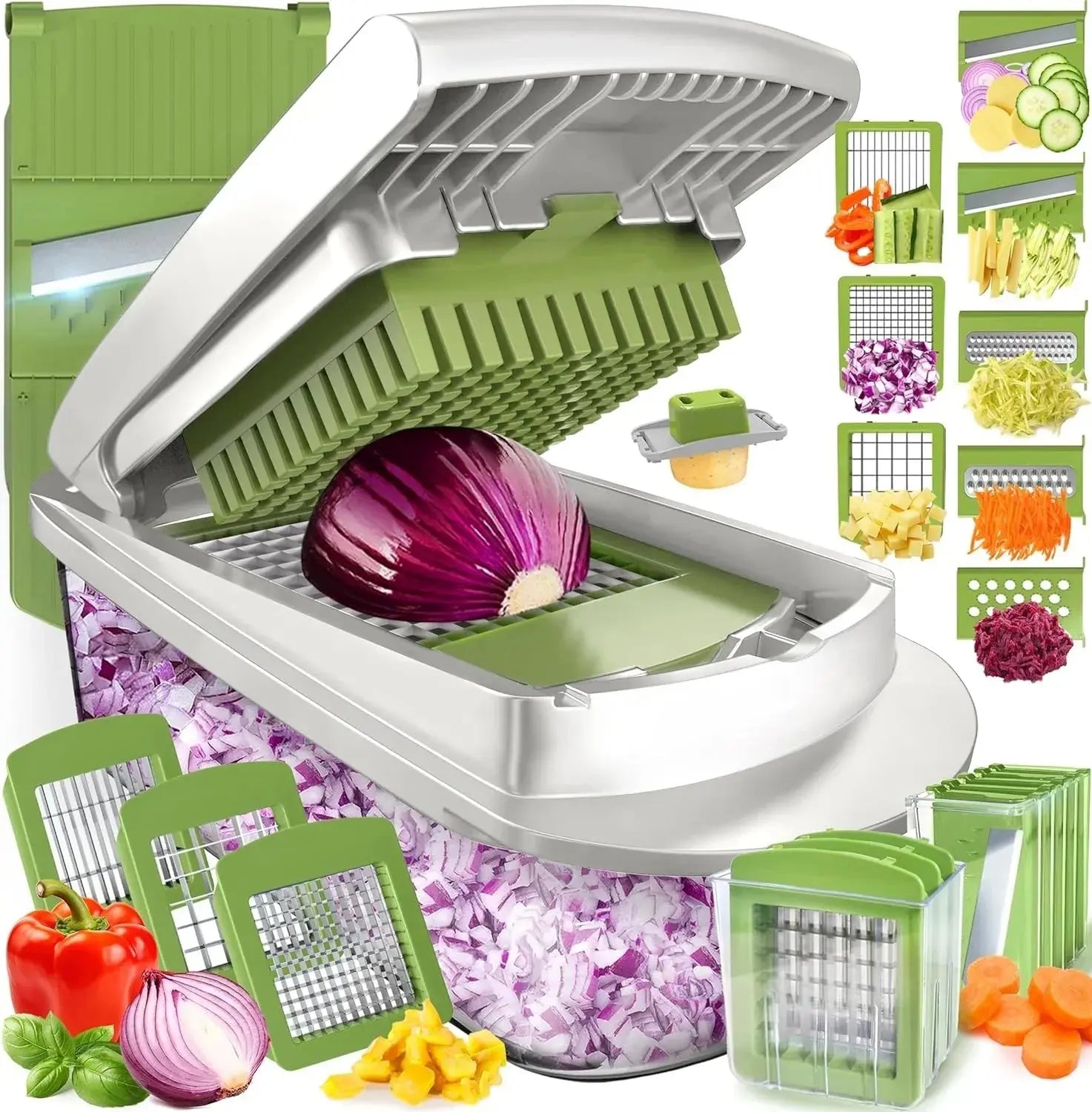 Coupe-légumes avec bac de récupération – Découpe en dés, mandoline, julienne et râpe