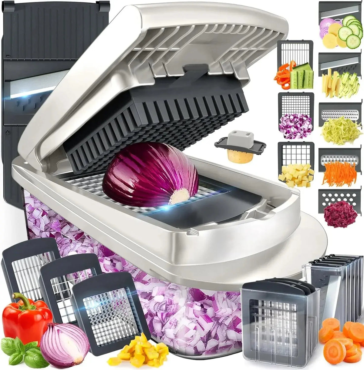 Coupe-légumes avec bac de récupération – Découpe en dés, mandoline, julienne et râpe