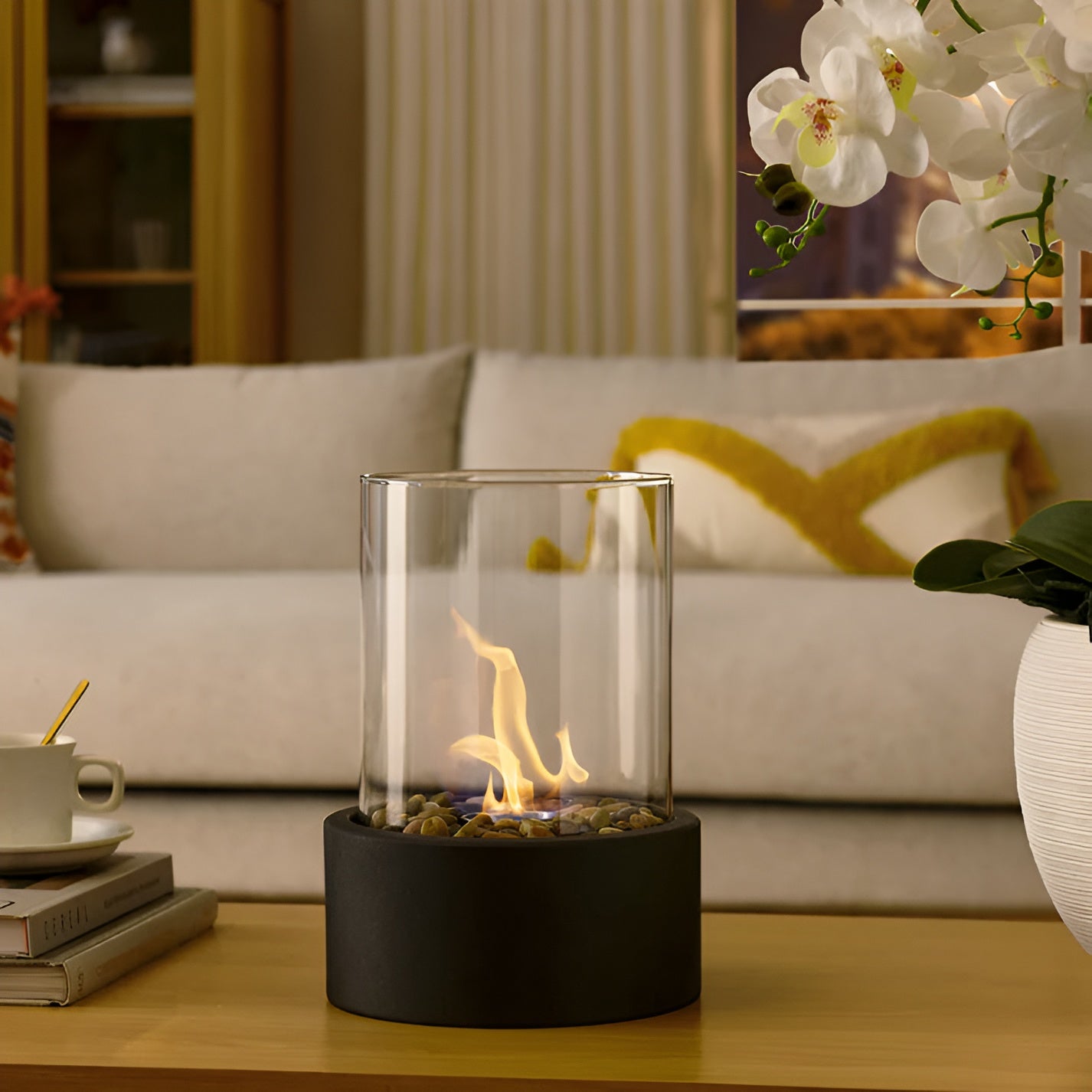 Cheminée de table avec cylindre en verre – Feu de table bioéthanol pour intérieur et extérieur