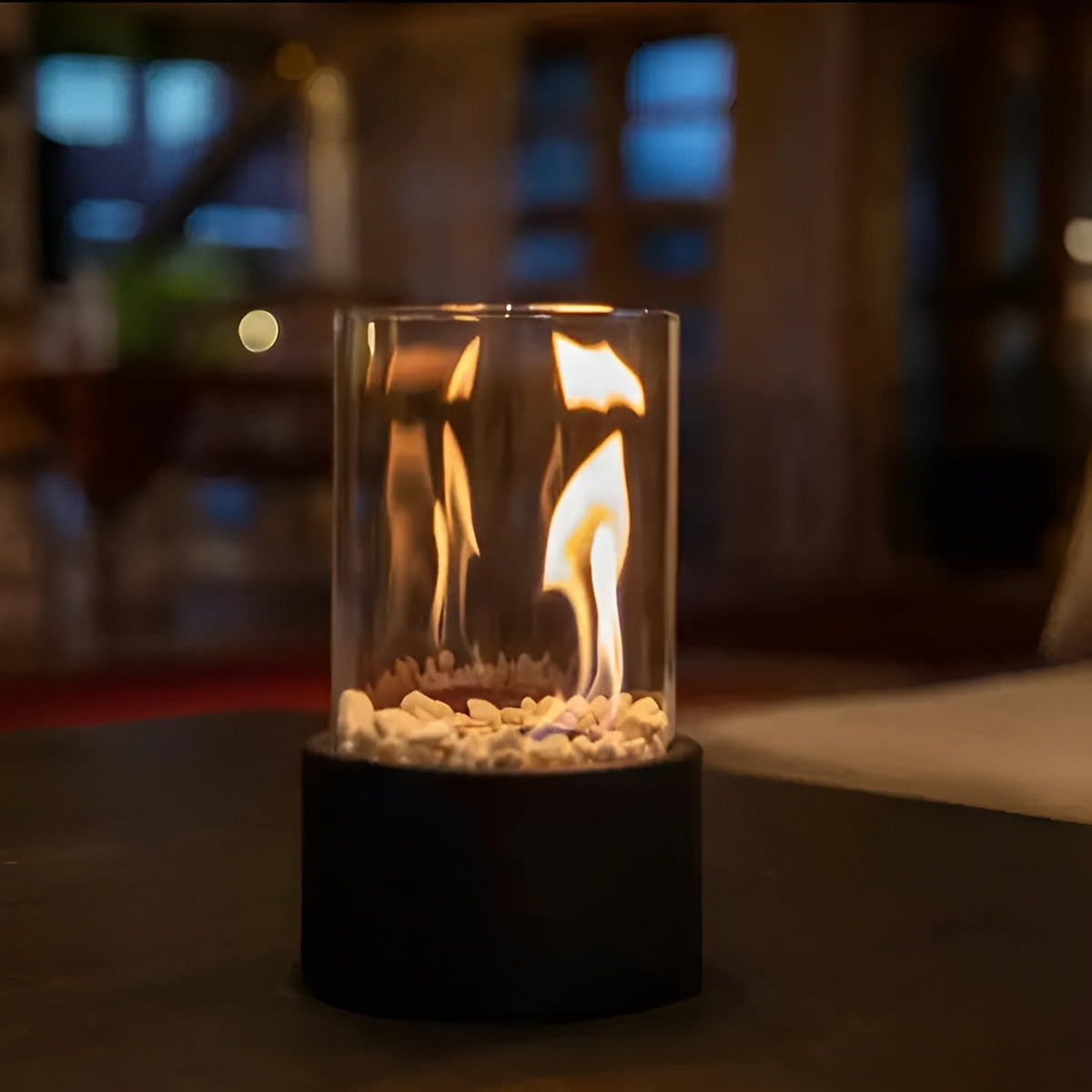 Cheminée de table avec cylindre en verre – Feu de table bioéthanol pour intérieur et extérieur