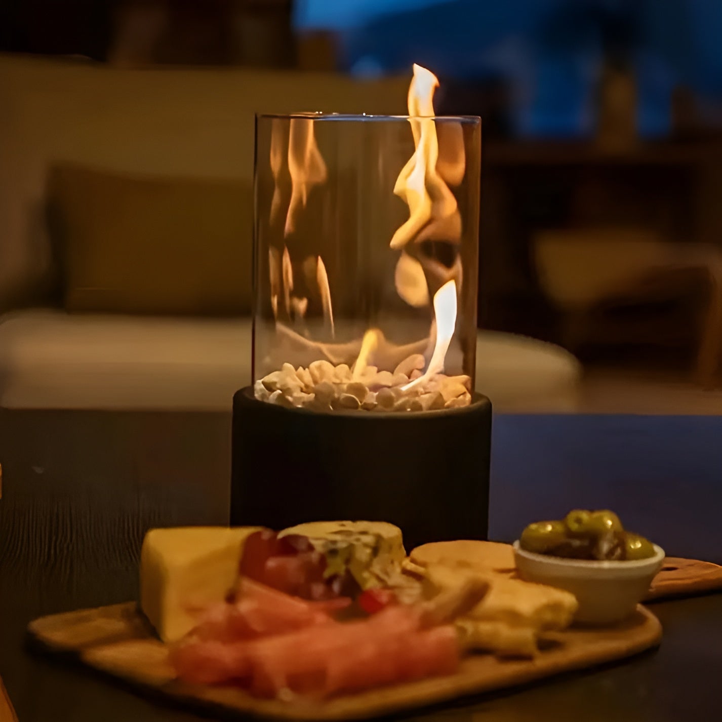 Cheminée de table avec cylindre en verre – Feu de table bioéthanol pour intérieur et extérieur