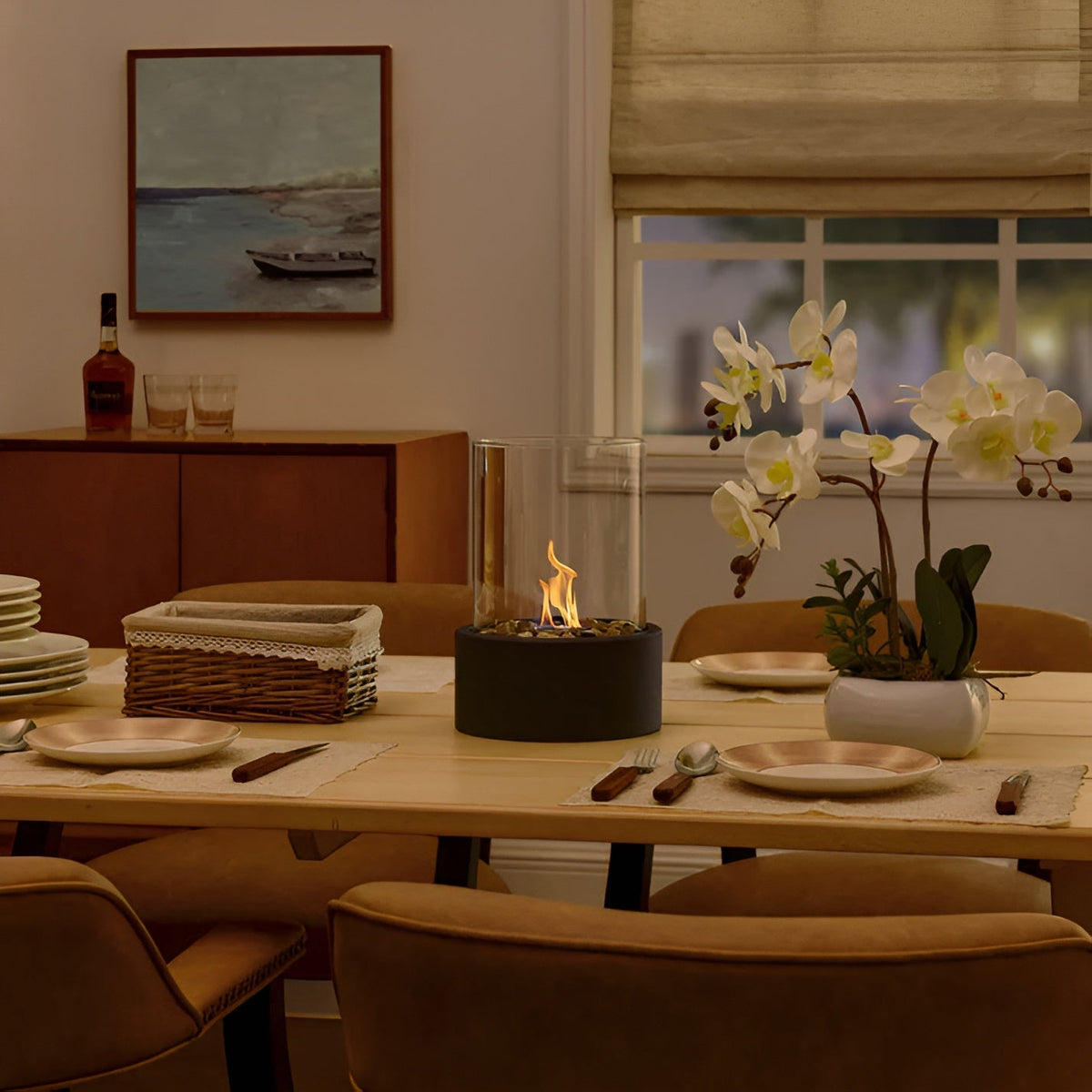 Cheminée de table avec cylindre en verre – Feu de table bioéthanol pour intérieur et extérieur