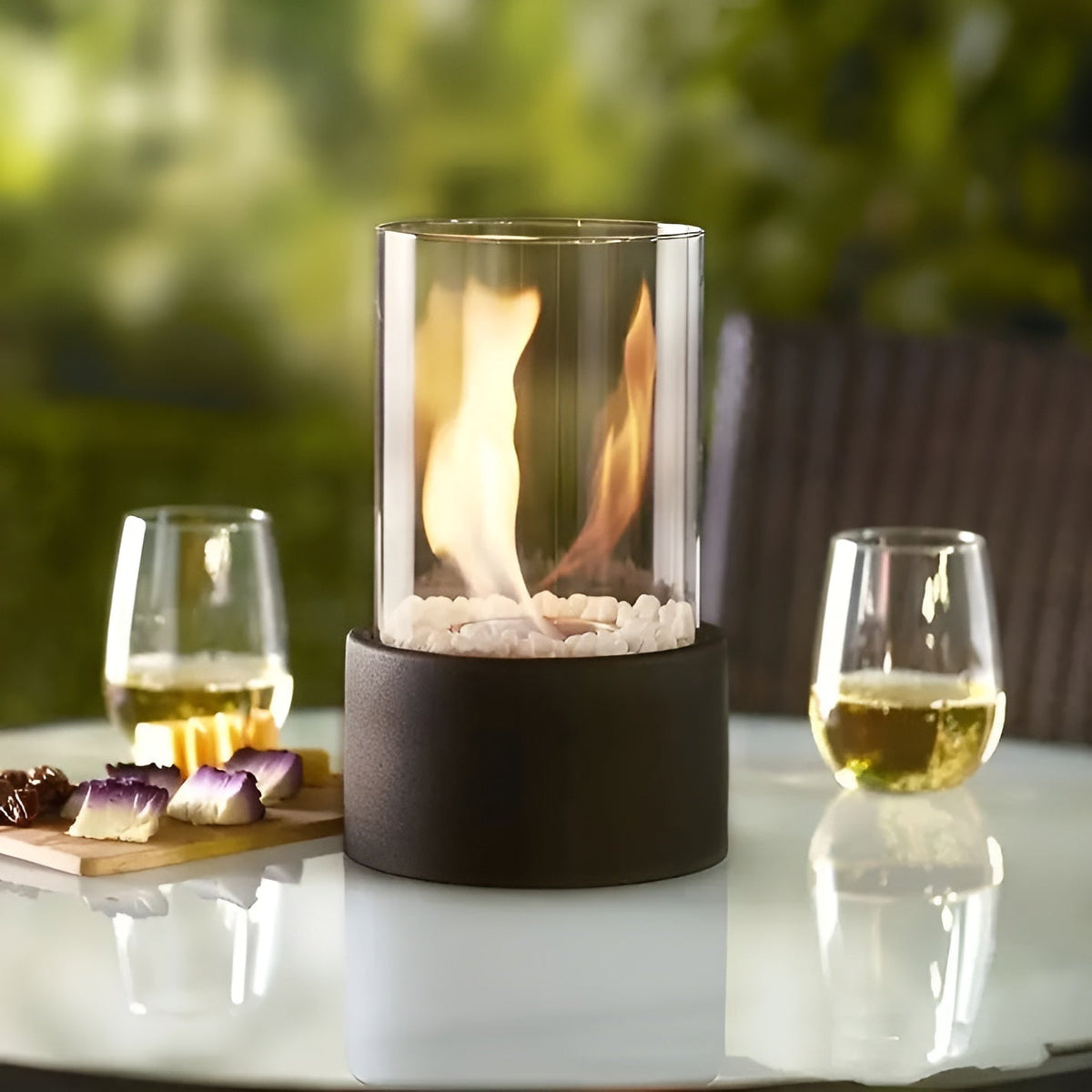 Cheminée de table avec cylindre en verre – Feu de table bioéthanol pour intérieur et extérieur