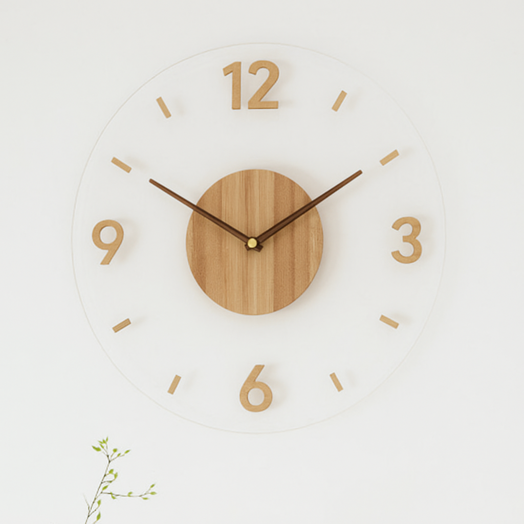 Horloge murale silencieuse en bois et acrylique – cadran rond moderne 35 cm