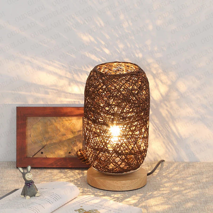 Lampe de table en bois avec corde, faite main, lumière LED blanc chaud