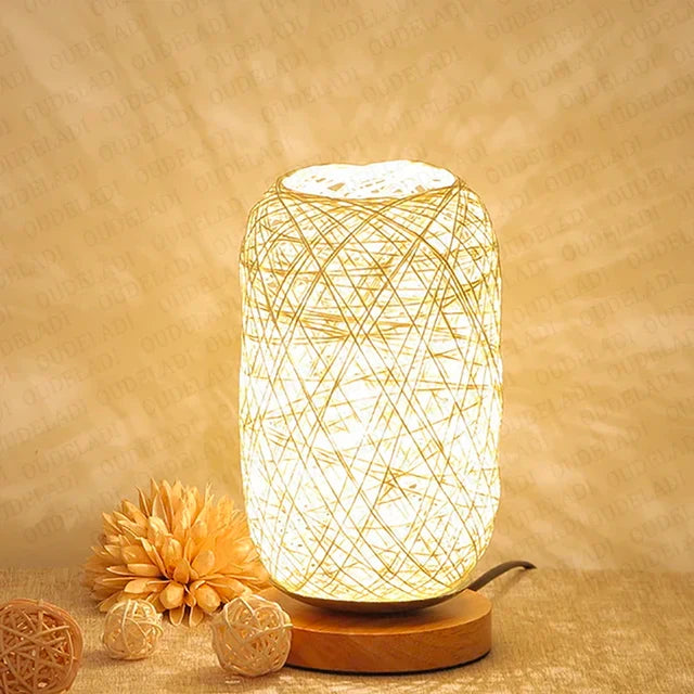 Lampe de table en bois avec corde, faite main, lumière LED blanc chaud