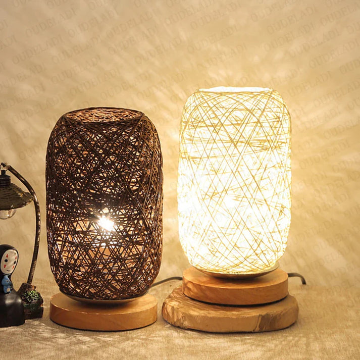 Lampe de table en bois avec corde, faite main, lumière LED blanc chaud