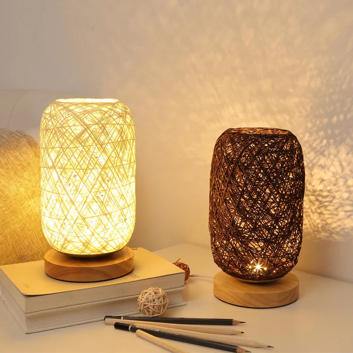 Lampe de table en bois avec corde, faite main, lumière LED blanc chaud