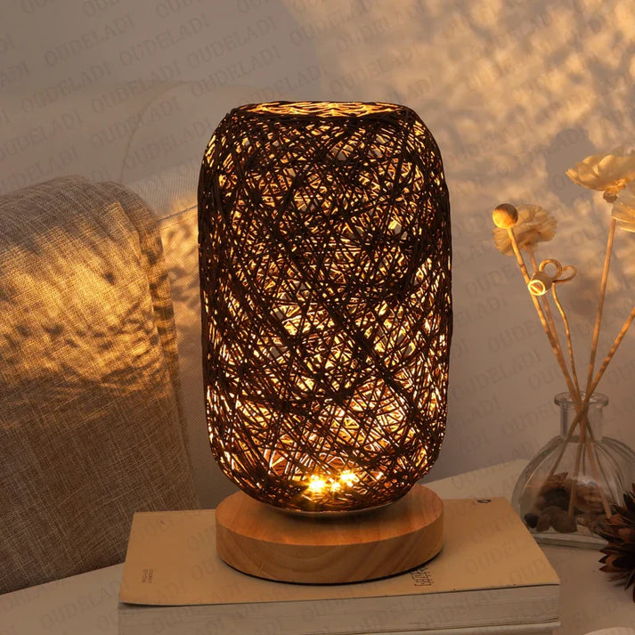 Lampe de table en bois avec corde, faite main, lumière LED blanc chaud