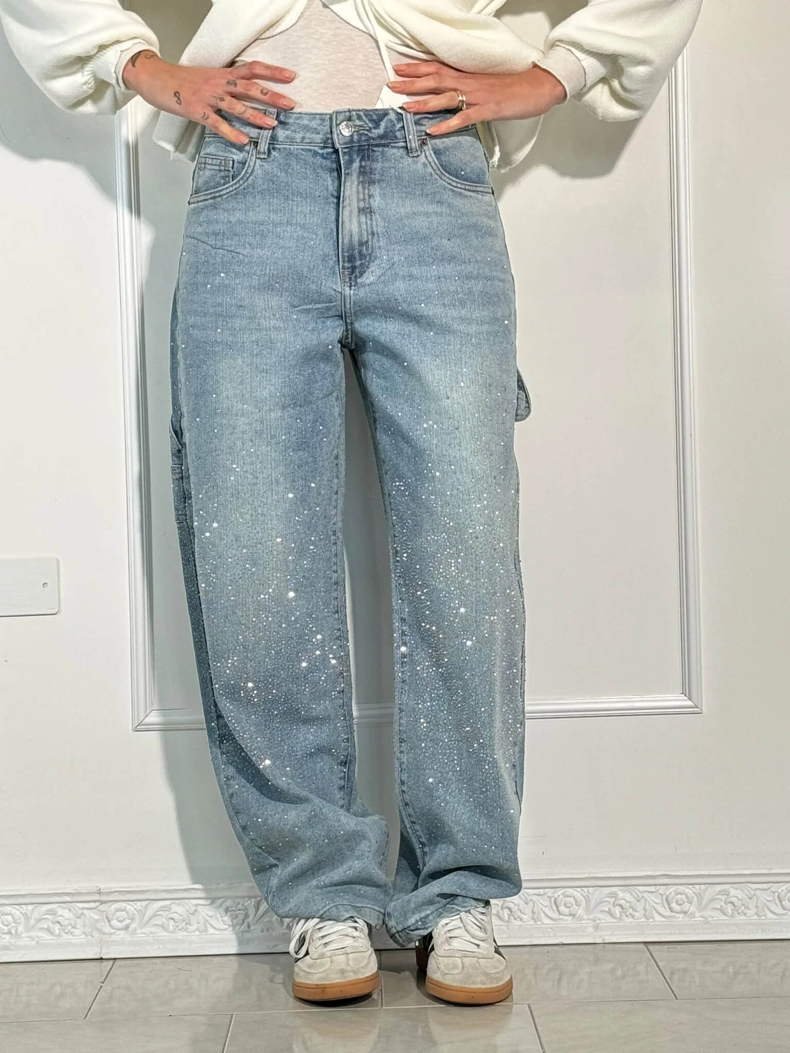 Jean Wide Leg Scintillant en Denim Premium – Coupe Ample Élégante